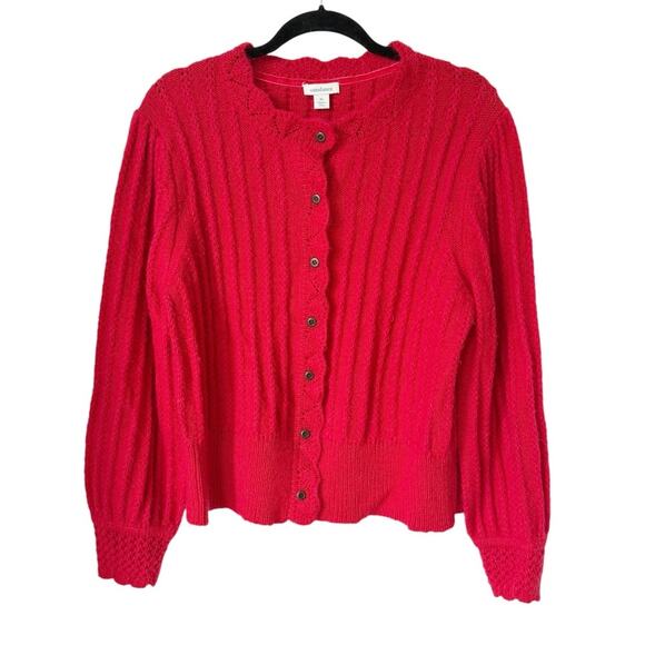 Sundance Alpine Kiss Cable Knit Cardigan Button Puff Sleeve Wool Blend red - Picture 1 of 6